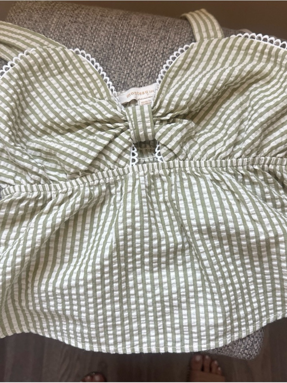 Monteau Olive Green and White Striped Tie-Front Tank